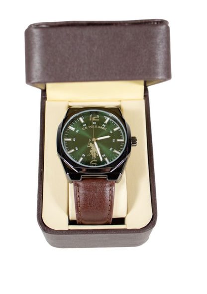 RELOJ U.S. POLO VERDE CON CORREA CAFE