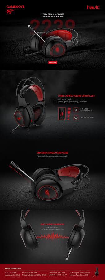 Audífonos Gamer Havit H2239d 3.5mm+usb y luz led roja